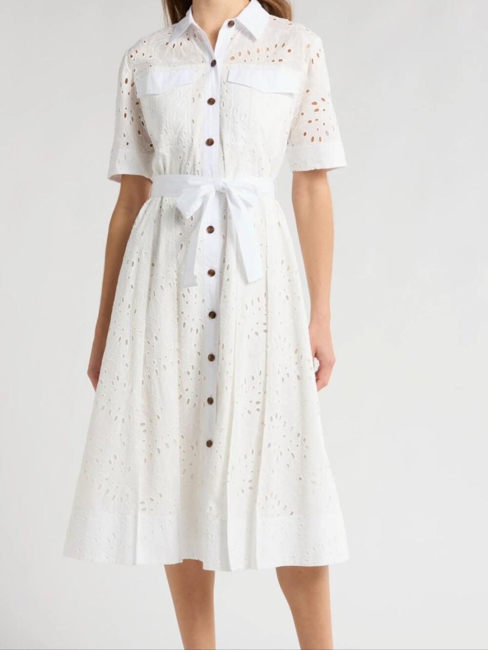 Dereck Lamb 10 Crossby White Eyelet Button-Front Midi Shirt Dress Size Large Nwt